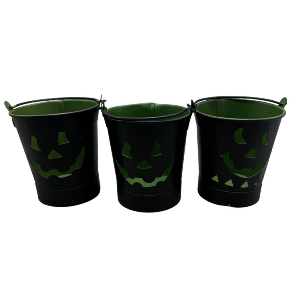 Set Of 3 Black Metal Buckets Green Jack-O-Lantern Tea light candle holders READ